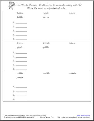 Phonics – Double Letter Consonants ending with “le” Word Sort