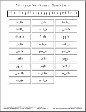 Phonics – Double Letter Consonants ending with “le” Missing Letters
