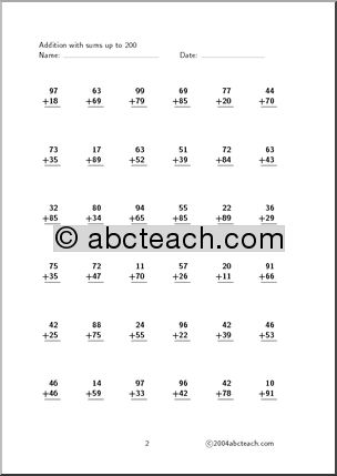 Worksheet: Addition – sums up to 200 (set 1)