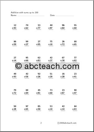 Worksheet: Addition – sums up to 200 (set 2)