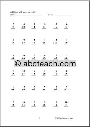 Worksheet: Addition – sums up to 20 (set 7)