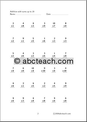 Worksheet: Addition – sums up to 20 (set 8)