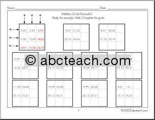 Addition Grids – Decimals 2 Worksheet