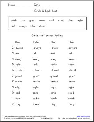 List 1 (numbered)’ Circle & Spell