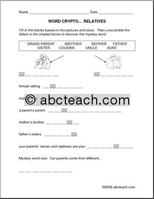 Word Crypto: Family theme (primary/ elem) clues
