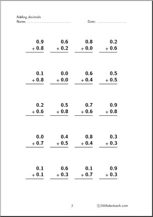 Decimal Addition (set 1) Worksheet