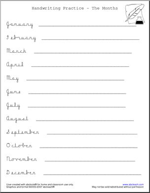 Handwriting Practice: Months – HWT-Styled Font (cursive)