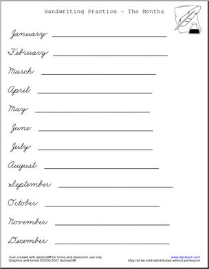 Handwriting Practice: Months – cursive (ZB-Style Font)