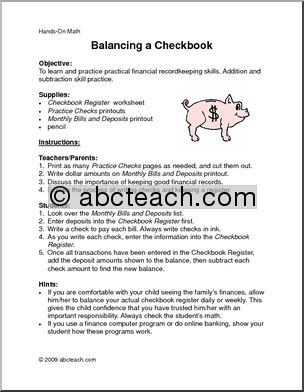 Balance a Checkbook (upper elem/middle) Hands-On Math