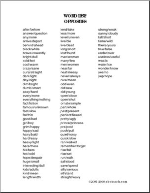 Opposites List
