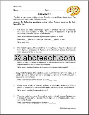 Ratios and Pizza (upper elem/middle) Worksheet