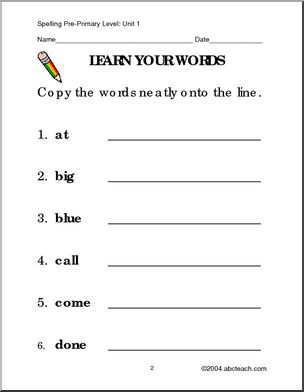 High Frequency Spelling: Pre-Primary, Unit 1