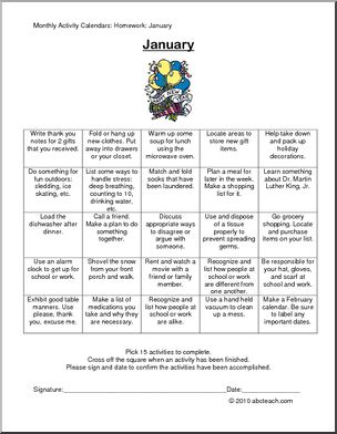 Monthly Activity Calendars: Homework: January (secondary/special needs)