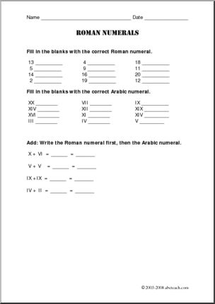 Roman Numerals I to XX Worksheet