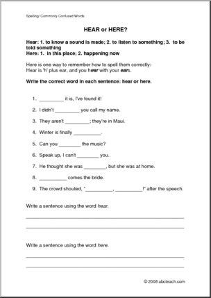 Spelling – Here or Hear? Worksheet