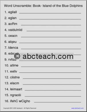 Book- Island of the Blue Dolphins Unscramble the Words