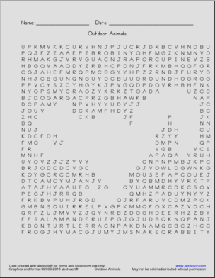 Outdoor Animals (squirrel shape) Word Search