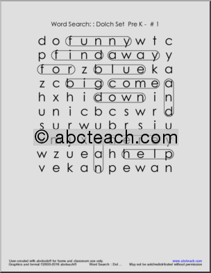 Dolch Pre-Primer Set (Pre-K)’ Word Search