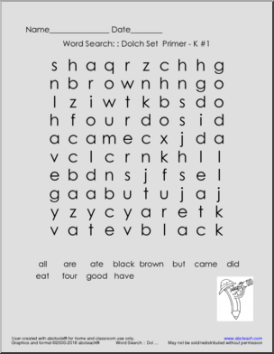 Dolch Primer Set (Kdg)’ Word Search