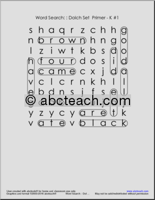 Dolch Primer Set (Kdg)’ Word Search