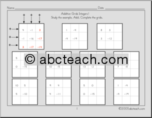 Addition Grids – Integers 1 Worksheet