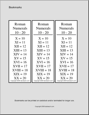Roman Numerals 10-20 Bookmark