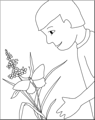 Clip Art: Kids: Boy & Butterfly B&W