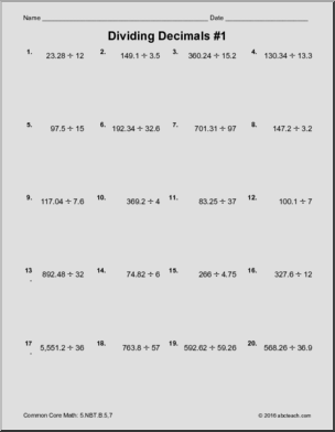 Dividing Decimals Practice Math