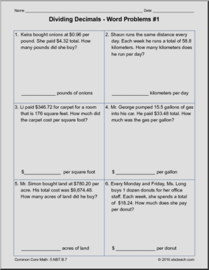 Dividing Decimals Word Problems Math