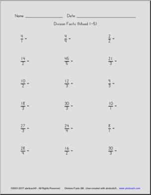 Division Facts – Single Digit, Quotients Under 10