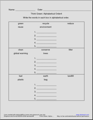 Think Green (write, sets of five) ABC Order