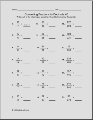 Convert Fractions to Decimals 5 Worksheet