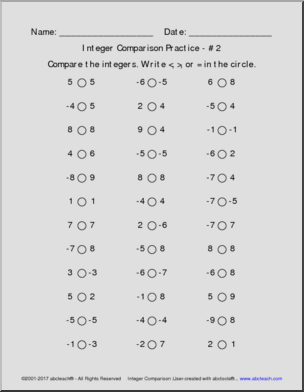 Integer Comparison Practice Pack (includes negative integers)