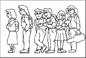 Clip Art: Kids: Standing In Line B&W