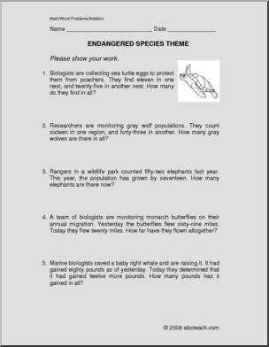 Word Problems: Endangered Animal Addition (elementary)