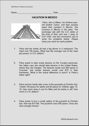 Conversion – Vacation in Mexico (upper elem/middle) Word Problems