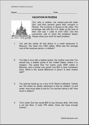 Conversion – Vacation in Russia (upper elem/middle) Word Problems