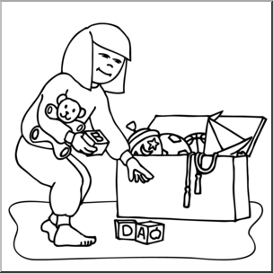 Clip Art: Kids: Chores: Picking Up Toys B&W