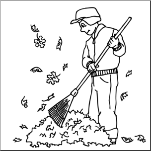 Clip Art: Kids: Chores: Raking Leaves B&W