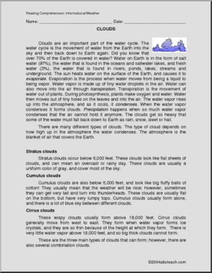 Comprehension: Weather – Clouds (upper elementary/middle)