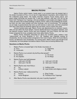 Comprehension: World Landmark – Machu Picchu (upper elem)
