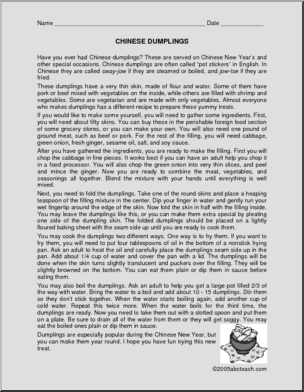 Recipe Comprehension: Chinese Dumplings (upper elementary)