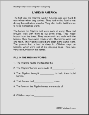 Comprehension: Thanksgiving and Pilgrims (primary)