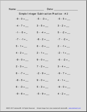 Simple Integer Subtraction Practice Pack (includes negative integers)