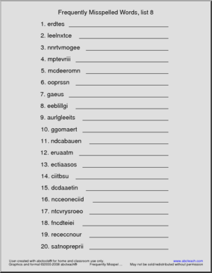 Frequently Misspelled Words (list 8) Unscramble the Words